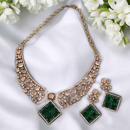 Royal Polki Kundan Necklace Set with Emerald Green Stones – Bridal & Festive Jewelry
